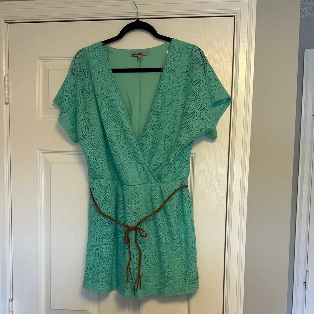 Bailey Blue Mint Lace Boho Romper with Faux Leather Belt - Picture 1 of 11